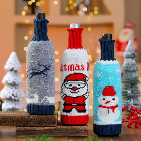 Housses De Bouteille De Vin De Noël Tissu Tricoté Motif Père Noël Bonhomme De Neige Renne Décor De Table De Fête