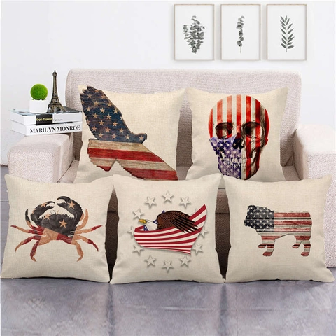 Patriotic American Flag Cushion Cover Linen Vintage Eagle Skull Animal Dog Print Decorative Pillowcase Rustic Decor