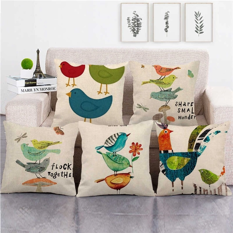 Linen Square Decorative Pillow Cover Bird Floral Animal Print For Sofa Home Decor Pastoral Style