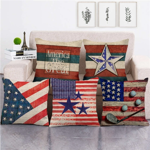 Distressed American Flag Cushion Cover Linen Stars And Stripes Retro Decorative Throw Pillow Case For Sofa Living Room Independence Day Patriotic Decor