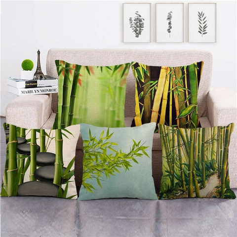 Federa Per Cuscino In Lino Stampa Foresta Di Bambù Stile Zen Pittura A Inchiostro Arredamento Casa Quadrata