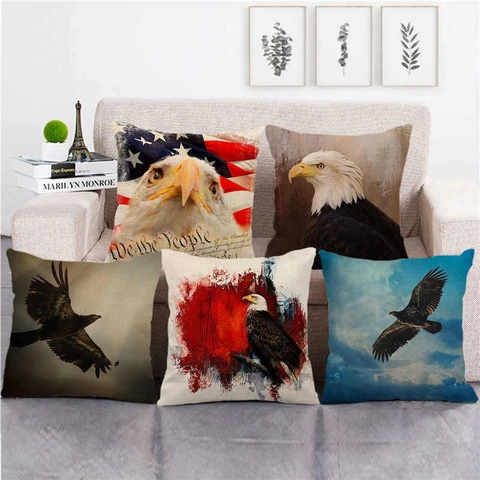 Weißkopfseeadler Amerikanische Flagge Leinen Kissenbezug 45x45cm Quadratisch Deko Kissenhülle Für Sofa Wohnzimmer Vintage Heimdekor