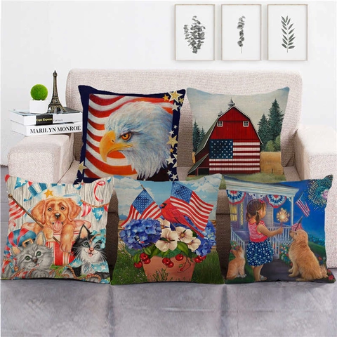 Vintage Amerikanische Flagge Adler Leinen Kissenhülle Rustikal USA Patriotische Dekorative Kissenbezug Für Wohnzimmer Sofa Dekor