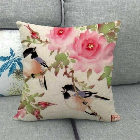 Watercolor Flower Bird Linen Cushion Cover Decorative Pillowcase Home Sofa Decor Rustic Pastoral Style