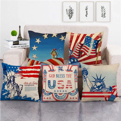 Patriotischer Kissenbezug Leinen Quadratisch Amerikanische Flagge Freiheitsstatue USA Deko Kissenhülle Unabhängigkeitstag