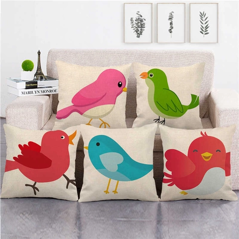 Federa per Cuscino in Lino con Stampa Uccello Cartone Animato Quadrata Decorativa per Casa Divano Soggiorno Camera da Letto