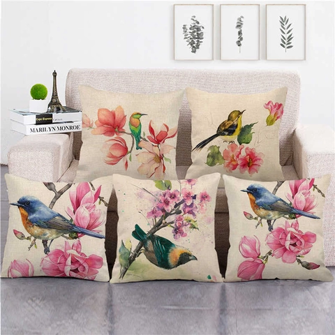 Aquarell Blumen Vögel Ölgemälde Kissenhülle Leinenmischung Quadratischer Kissenbezug Dekorative Haus Sofa Couch Wohnzimmer