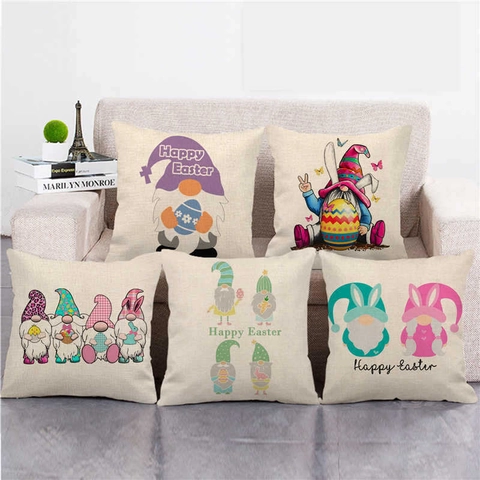 Pasen Kussenhoes Linnen Vierkant Gnomes Konijnen Kleurrijke Eieren Decoratieve Home Sofa Vakantie Lente
