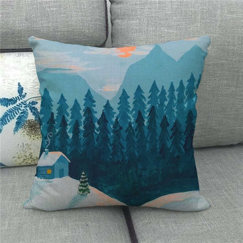 Aquarell Landschaft Ölgemälde Leinen Kissenbezug Dekorative Kissenhülle Für Sofa Zuhause Wald Berge Sonnenuntergang