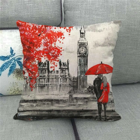 Dekorativer Kissenbezug Leinen Romantischer Eiffelturm Paar Ölgemälde Stil Vintage Stadt Quadrat Kissenhülle Home Sofa Dekor