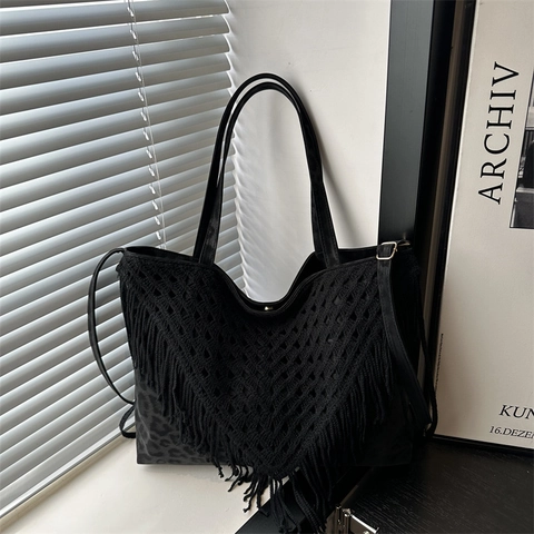Bohemian Gewebte Quasten Tote Tasche Für Damen Große Kapazität Häkeln Hohl Umhängetasche Vintage Urlaub Strandtasche Nylon