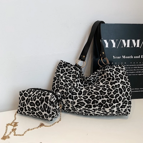 Damen Mode Tierdruck Tragetasche Set Groß Leopard Zebra Streifen Umhängetasche Mit Kleiner Kettentasche Wildleder Handtasche 2 Stück