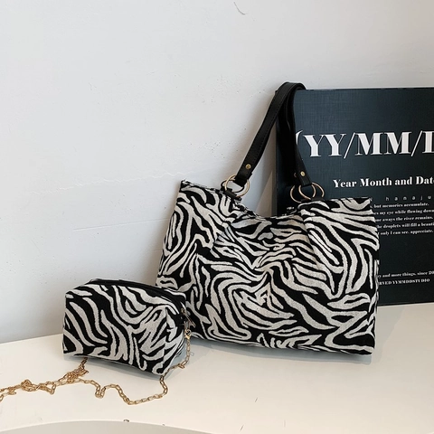 Damen Mode Tierdruck Tragetasche Set Groß Leopard Zebra Streifen Umhängetasche Mit Kleiner Kettentasche Wildleder Handtasche 2 Stück