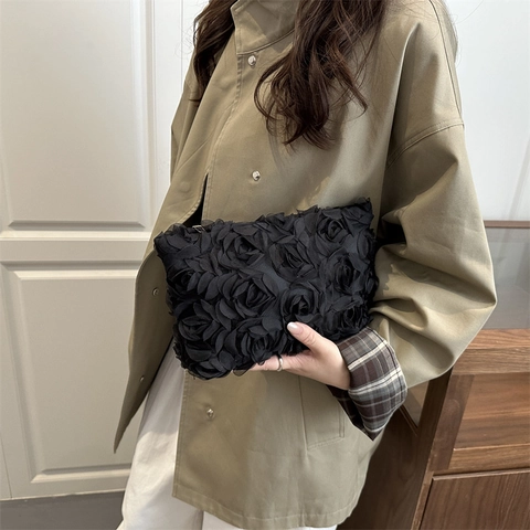 Elegante Dames Avond Clutch Tas Gaas Chiffon 3D Roos Bloem Decoratieve Bruiloft Bruid Feest Banket Rits Handtas