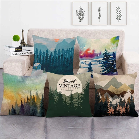 Aquarell Landschaft Ölgemälde Leinen Kissenbezug Dekorative Kissenhülle Für Sofa Zuhause Wald Berge Sonnenuntergang