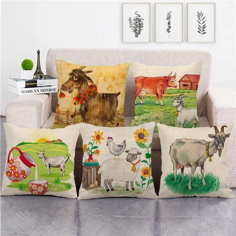 Farmtier Leinen Kissenbezug Handgezeichnet Kunstvoll Landhausstil Quadratischer Kissenhülle Dekoration