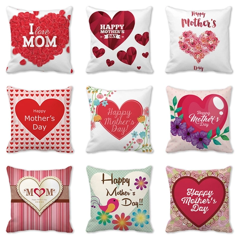 Mother's Day Peach Skin Pillow Cover Happy Mother's Day I Love Mom Heart Floral Square Cushion Case Decorative Sofa Home Decor Gift