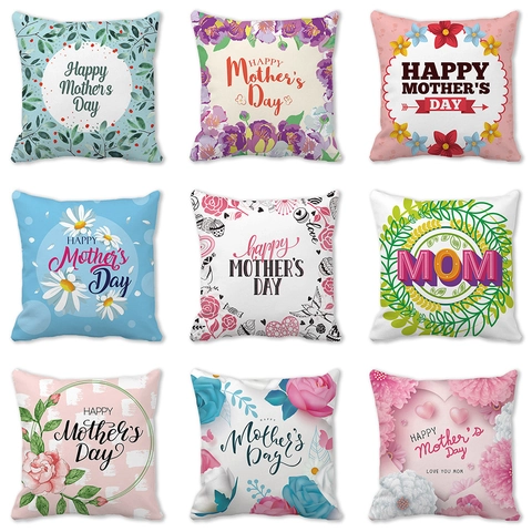 Muttertag Leinen Kissenbezug Quadratisch Dekorative Kissenhülle Mit Blumen Herz Muster Best Mom Geschenk Deko Ohne Füllung