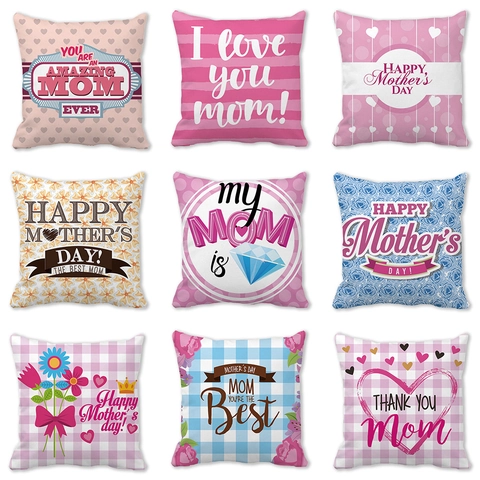 Square Cushion Cover Peach Skin Velvet Mother's Day Throw Pillow Case Floral Heart Print Home Decor Gift For Mom