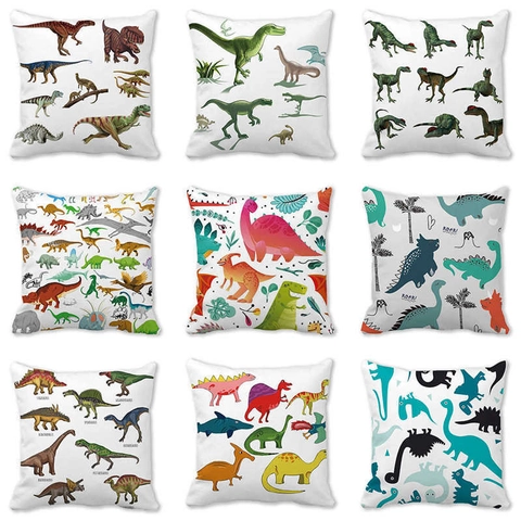 Cartoon Dinosaur Pillow Case Square Decorative Cushion Cover Peach Skin Linen Blend For Kids Room Sofa Home Decor Roar