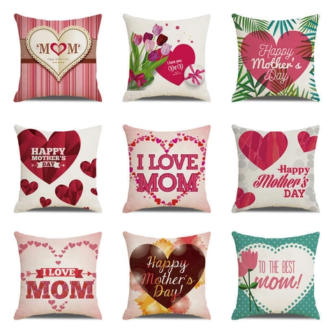 Muttertag Kissenhülle Leinen Quadratisch Dekorativer Kissenbezug Happy Mom Liebe Geschenk Blumen Herz Design Für Sofa Heimdeko