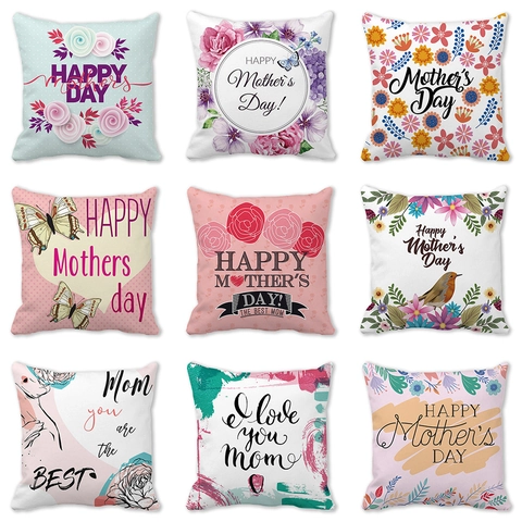 Happy Mother's Day Linen Pillow Case Floral Heart Pattern Square Cushion Cover Home Sofa Decor Gift For Mom