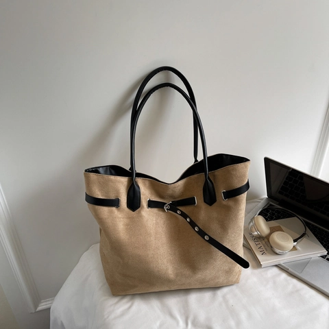 Women Large Capacity Faux Suede Tote Bag Urban Minimalist Contrast Color Shoulder Bag Casual Office Commuter Handbag