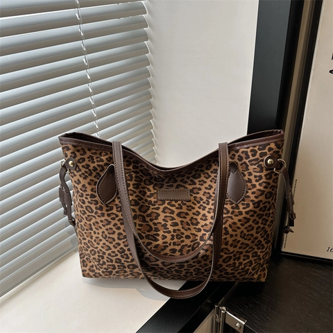 Vintage Leopardenmuster Tragetasche Mit Großer Kapazität Für Damen Lässige Canvas Schultertasche Mit PU Ledergriff Und Reißverschluss