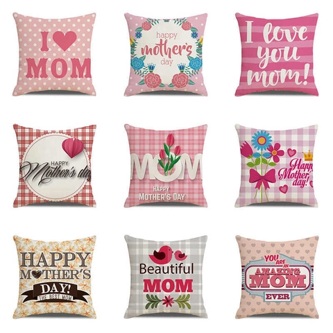 Funda de Cojín de Lino para el Día de la Madre Cuadrada Decorativa con Diseño Floral y Corazón Letras para Mamá Sofá Decoración Hogar
