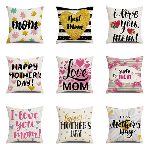 Housse de Coussin en Lin Fête des Mères Lettrage Happy Mother's Day Motif Floral Cœur Taie de Coussin Décorative Cadeau Maison