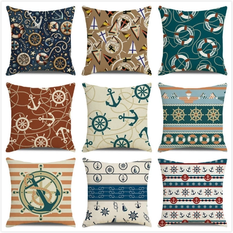Federa Per Cuscino Nautica Lino Cotone Copricuscino Decorativo Barca A Vela Ancora Bussola Motivo Stile Costiero Vintage Per Divano Casa