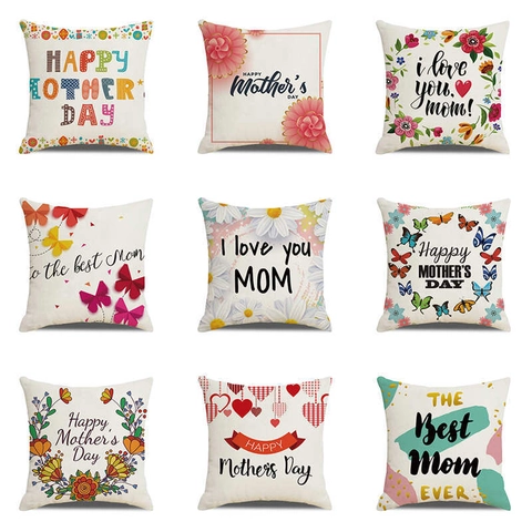 Fête Des Mères Happy Mother's Day Lettrage Floral Cœur Papillon Carré Lin Décoratif Taie D'Oreiller Pour Maison Canapé Salon Cadeau Pour Maman