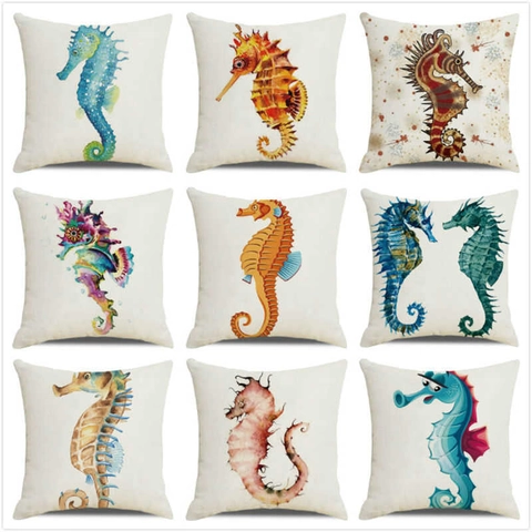 Watercolor Seahorse Decorative Throw Pillow Case Linen Cotton Cushion Cover Square Cushion Case For Home Sofa Living Room Bedroom Decor