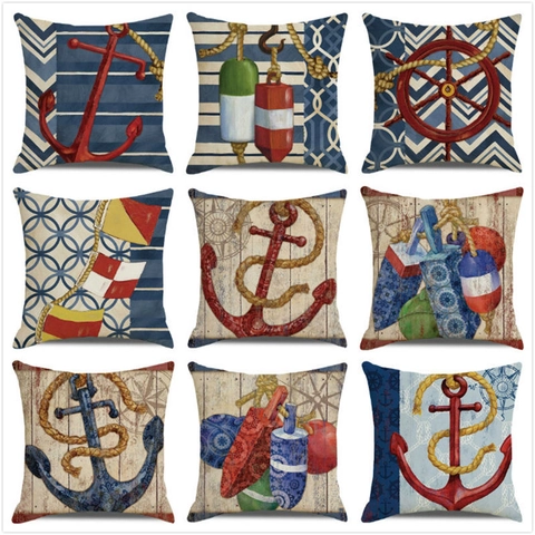 Vintage Nautische Katoen Linnen Kussenhoes Zeester Anker Roer Print Vierkante Kussensloop Voor Sofa Woonkamer Thuis Decoratie