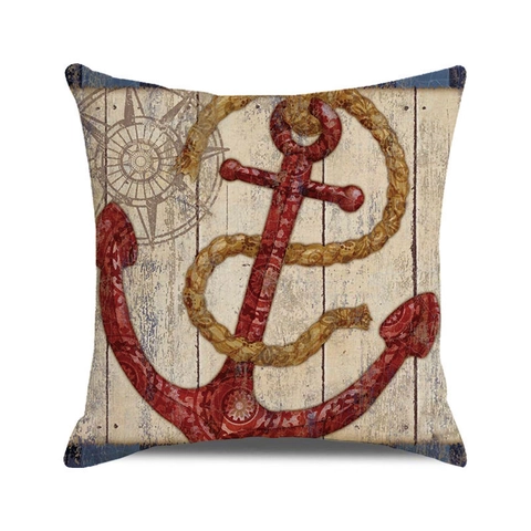 Vintage Nautische Katoen Linnen Kussenhoes Zeester Anker Roer Print Vierkante Kussensloop Voor Sofa Woonkamer Thuis Decoratie