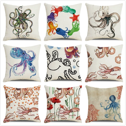 Kissenbezug Oktopus Tintenfisch Meerestiere Aquarell Kunstdruck Leinenmischung Dekorativer Quadratischer Sofa Kissenhülle