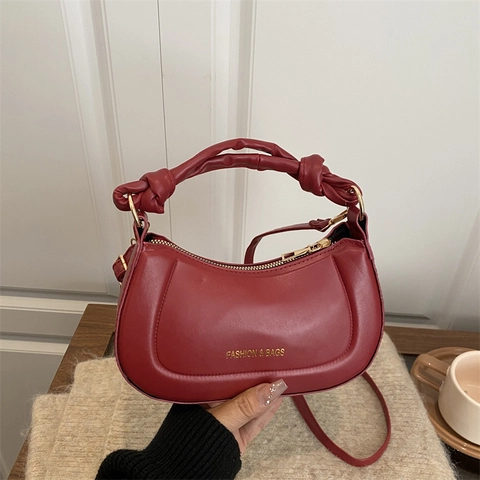 Bolso de Mano de Cuero Sintético Minimalista Urbano para Mujer Asa Anudada Bolso de Hombro de Media Luna Versátil Color Sólido Con Cremallera