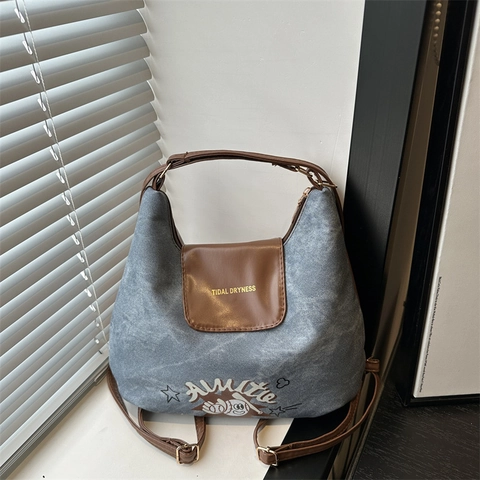 Bolso de Hombro para Mujer Moda Estilo Vintage Americano Mezclilla Cuero PU Color Contraste Impresión Béisbol Cartoon Bolso Mano