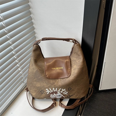 Bolso de Hombro para Mujer Moda Estilo Vintage Americano Mezclilla Cuero PU Color Contraste Impresión Béisbol Cartoon Bolso Mano