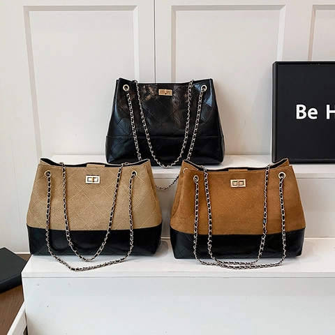 Retro Gesteppte PU Leder Tote Bag Für Damen Gespleißtes Wildleder Design Metallkette Umhängetasche Große Kapazität Crossbody