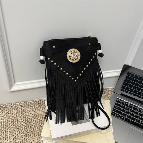 Borsa A Tracolla Boema Con Frange Da Donna Texture Scamosciata Borchie Strass Stile Etnico Retro