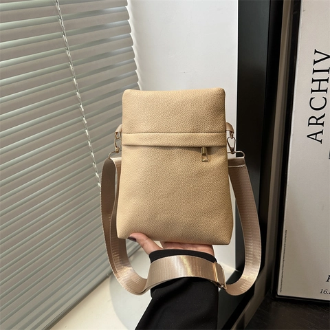 Women Litchi Grain PU Leather Crossbody Phone Bag Fashion Minimalist Small Square Shoulder Bag With Wide Strap