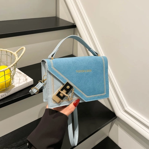 Women Small Square Shoulder Bag PU Suede Patchwork Contrast Stitching Metal Lock Crossbody Handbag For Daily Fashion