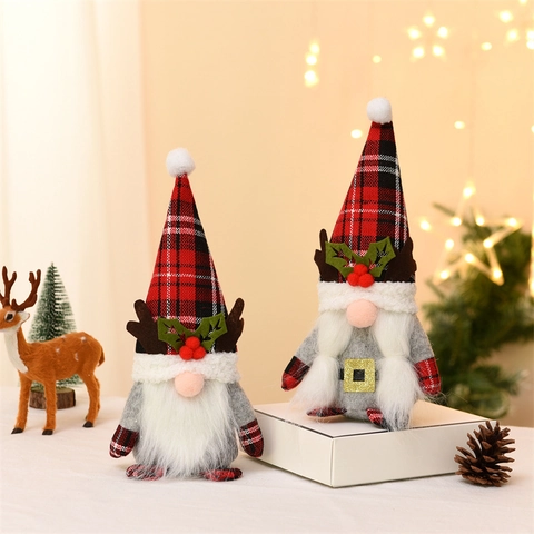 Gnome De Noël Poupée Sans Visage Peluche Bois De Renne Chapeau À Carreaux Tomte Nordique Ornement Décoration De Table