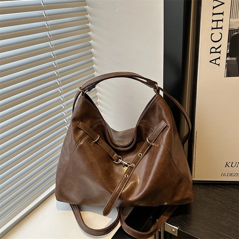 Damen Urban Minimalist PU Leder Schultertasche Große Kapazität Vintage Hobo Tote Bag Reißverschluss Täglich Pendeln Handtasche