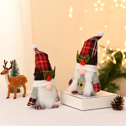 Gnome De Noël Poupée Sans Visage Peluche Bois De Renne Chapeau À Carreaux Tomte Nordique Ornement Décoration De Table