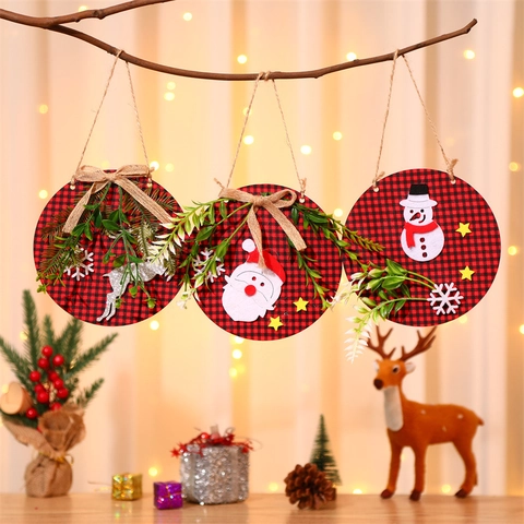 Christmas Wooden Round Hanging Sign Buffalo Plaid Santa Snowman Reindeer Door Wall Decoration Christmas Tree Ornament Holiday Party Home Decor