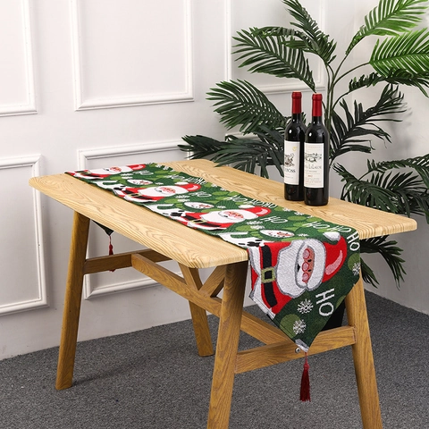 Chemin de Table Tricoté de Noël Avec Glands Motif Père Noël Renne Bonhomme de Neige Jacquard Décoration de Table Maison Fête