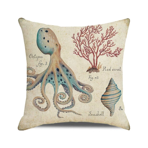 Vintage Nautical Sea Life Cushion Cover Linen Cotton Square Coastal Octopus Sea Turtle Starfish Shell Coral Home Decor