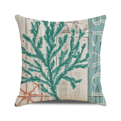 Nautisch Zeeleven Linnen Kussenhoes Koraal Zeester Zeepaardje Kreeft Patroon Vintage Kust Decoratieve Kussensloop Voor Sofa Huis Decoratie